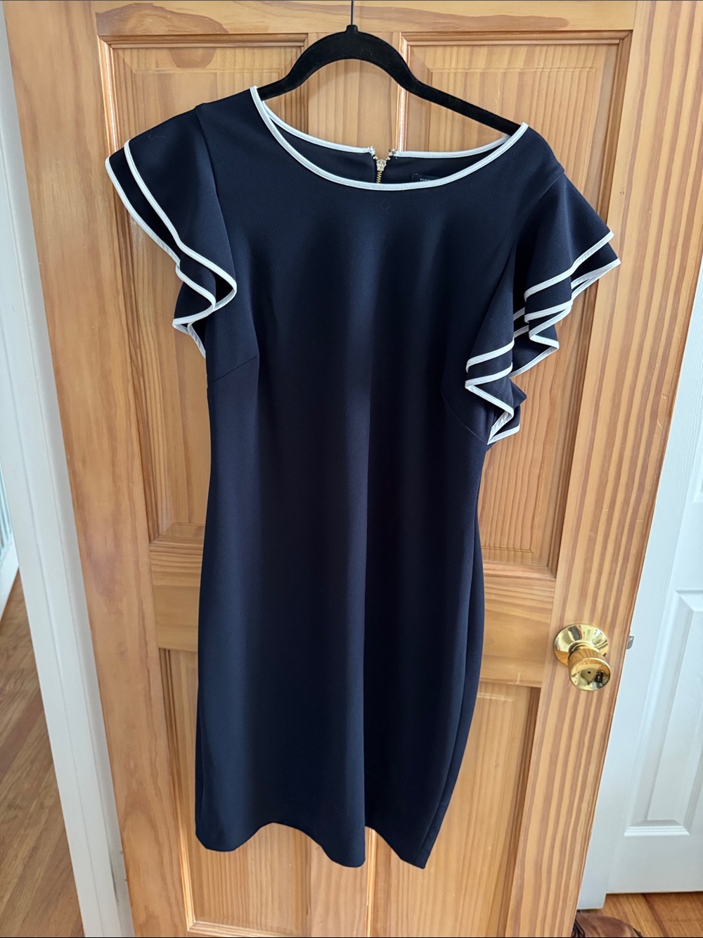 Tommy Hilfiger Navy Sheath Dress with White Trim Ruffle Sleeves